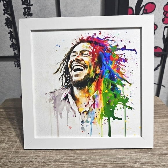 NobleCaptures Other - 8x8 Framed Bob Marley Smiling Fantasy Watercolor Oil Painting Wall Art Print